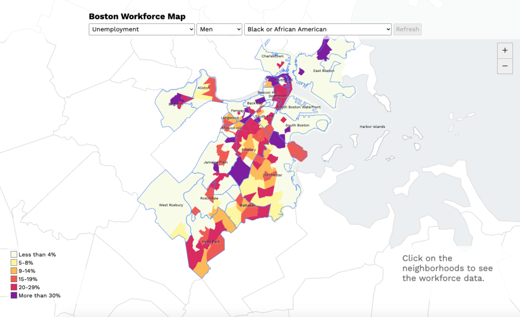 A map that shows unemployment disparities in Boston